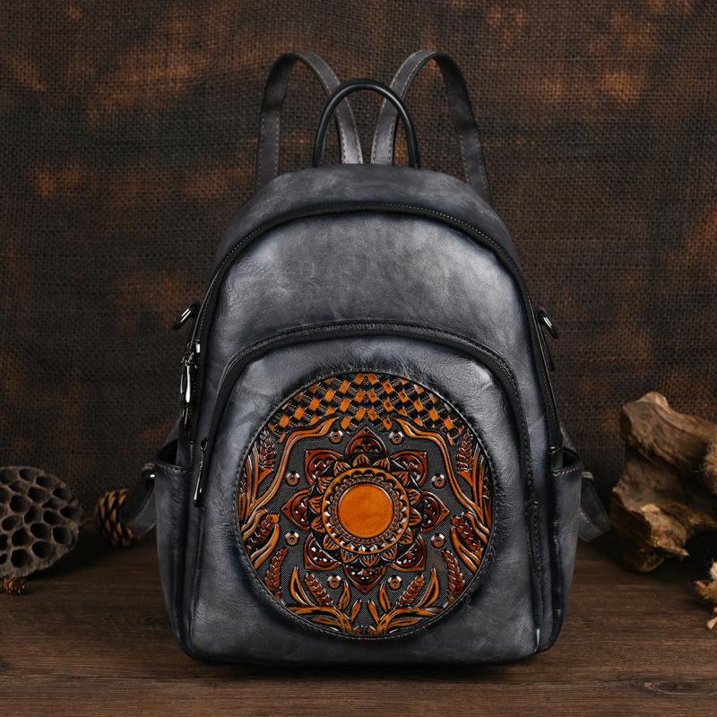 Johnature Zaino da donna vintage fatto a mano con totem in rilievo, grande capacità, borse da viaggio per il tempo libero