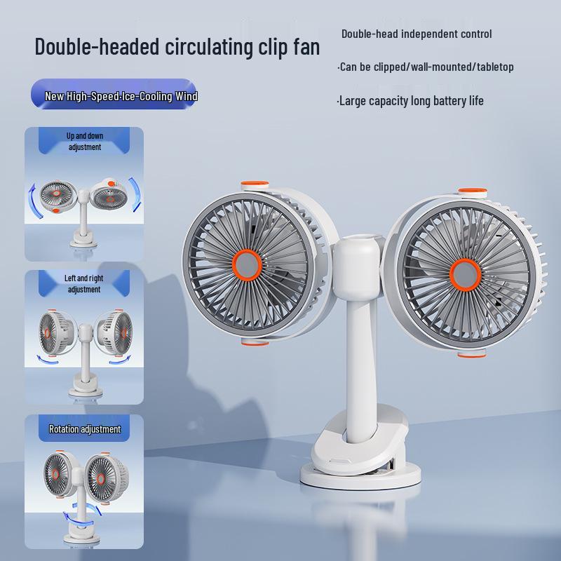Dual-Headed Clip Fan with Light: Portable Desktop and Dorm Circulation Fan for Office and Outdoor Camping. 310x110x235mm