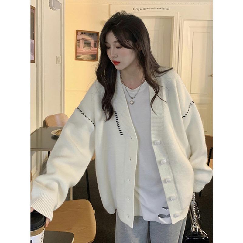 Autumn Winter Patchwork Loose Casual Cardigan Sweater Coat Women Single Breasted Knitting Outwear Top