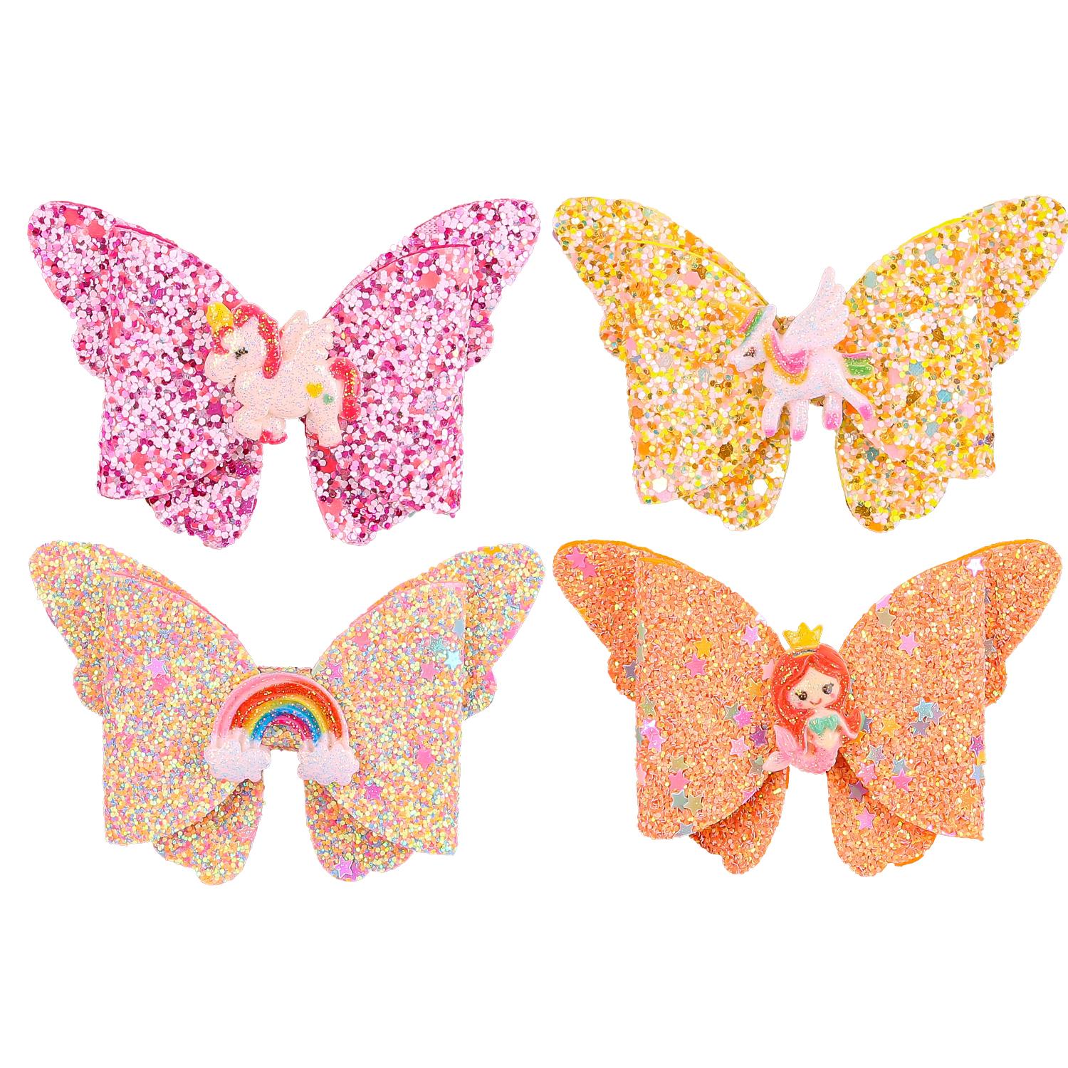 

4 шт. Милые бантики для волос с единорогами с зажимом для девочек, 3-дюймовые блестящие бантики-бабочки для волос, заколки, шпильки, детские аксессуары для волос