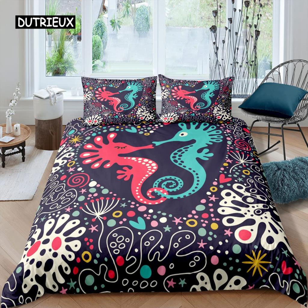 Seahorse Bedding Set Ocean Animal Duvet Cover Underwater World Orange Coral Marine Life Sea Urchin Soft Women Kid Bedroom Decor