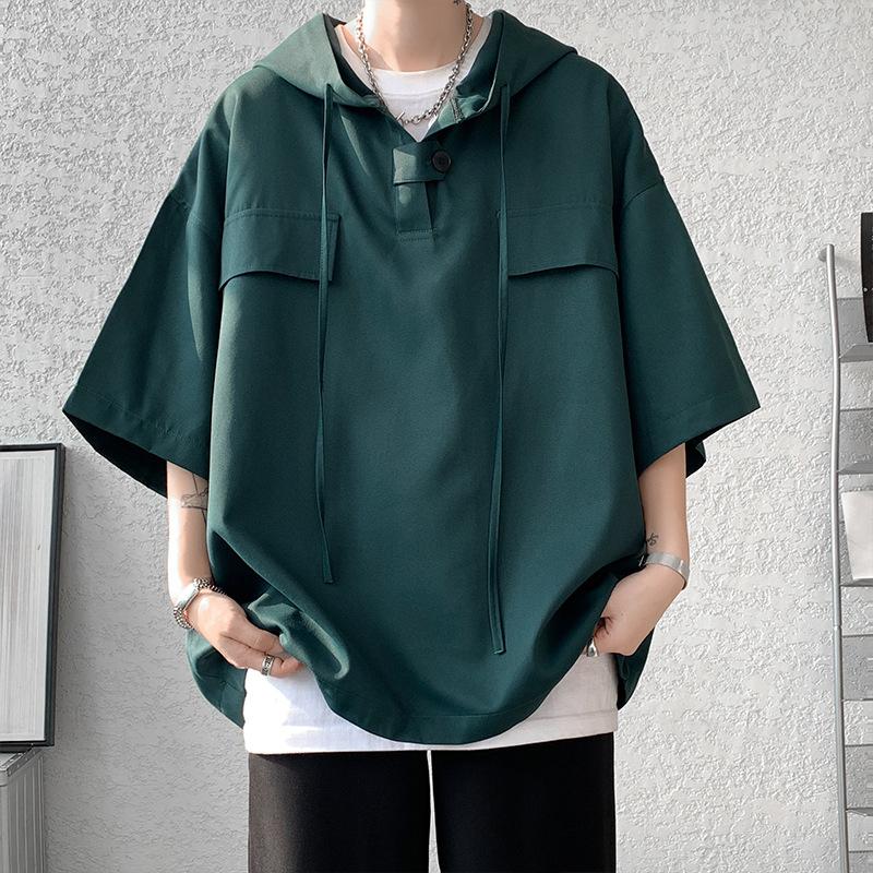 Men's Summer Short-Sleeve Casual Loose-Fit T-Shirt Youth Solid-Color Hooded Lightweight Top