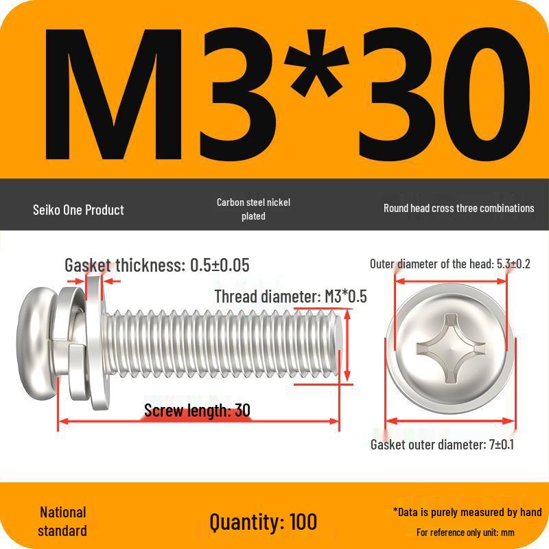 Nickel-Plated Phillips Pan Head Screw with Washer, M2-M6 Thread