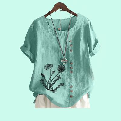 Chemisier décontracté à manches courtes pour femmes, haut en coton et lin, imprimé floral, t-shirt ample
