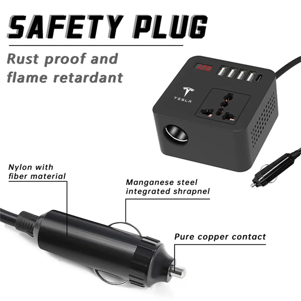 Car Sticker Tesla 1 AC Sockets DC 12V to AC 220V Converter Outlets Car Inverter 4 USB Ports 300W Power Adapter For Tesla Model Y