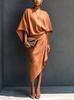 Women's French loose bat sleeves, linen skirt, pleated irregular wrap mid-length dress