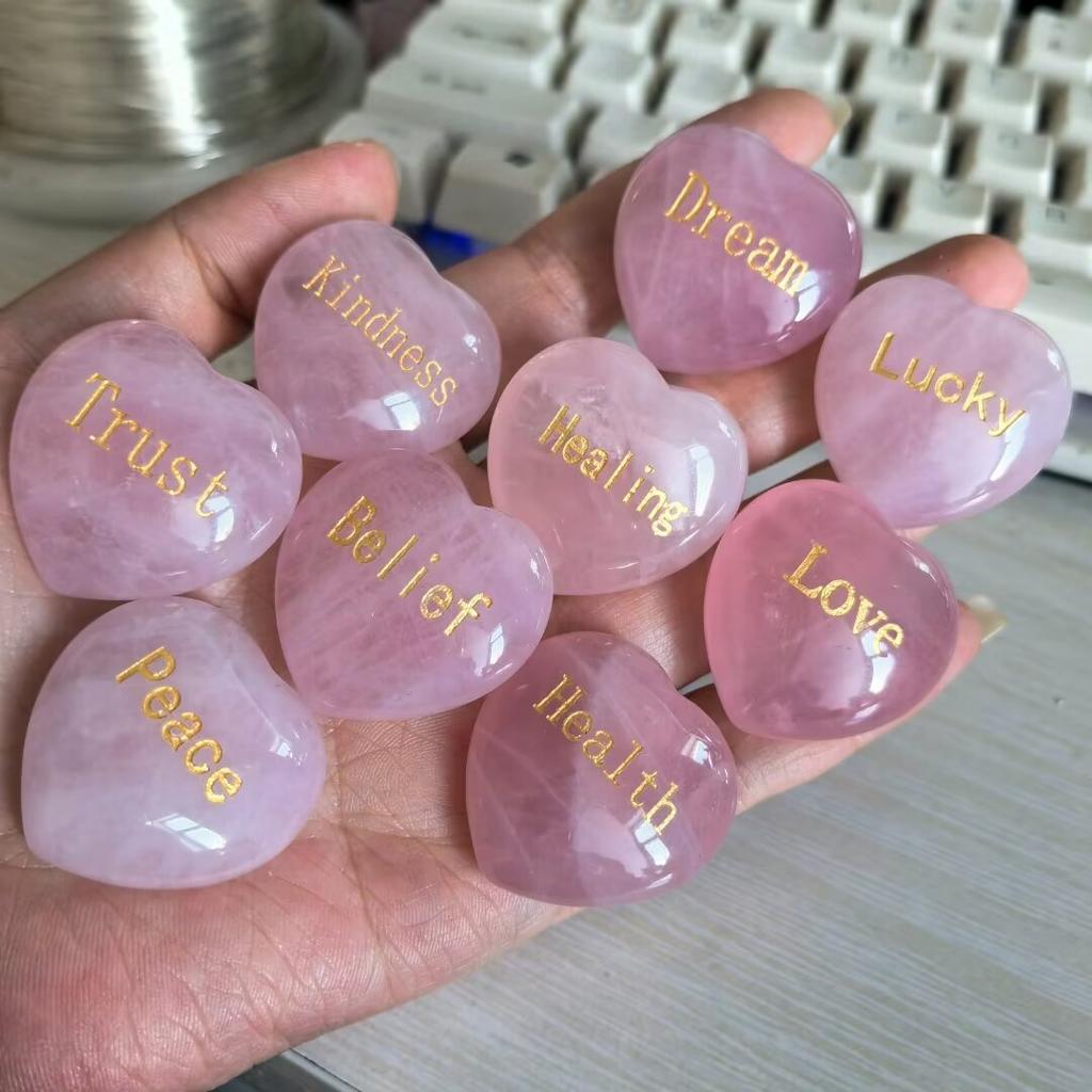 Random1pcs Rose Quartz Heart Inspirational Stone Engraved Love Natural Pink Crystal Valentine's Day Gifts