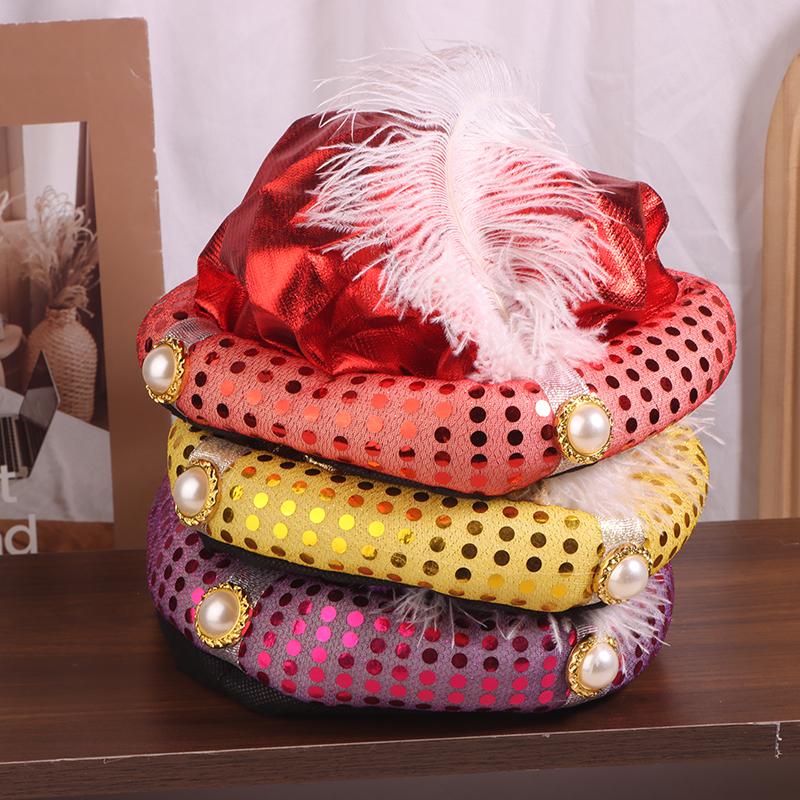 Aladdin Hat Mythical Character Play Cap Men Sultan Headwear Ethnic Style Feather Costume