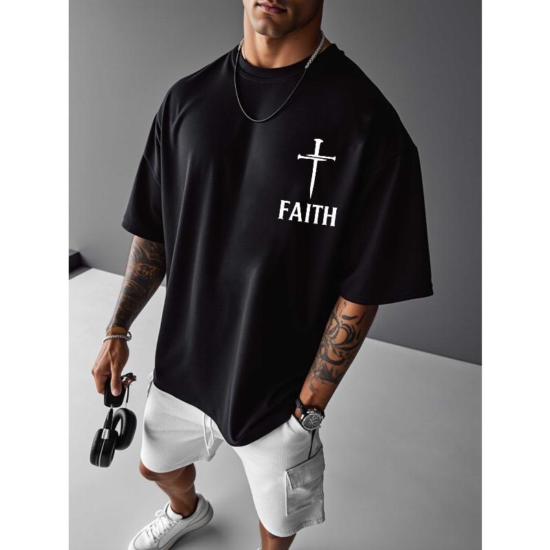European Sizes Men's Christian Faith T-Shirt with Print & Cross Design - Oversized Shirt, Breathable Summer Casual Wear, Loose Fit Short Sleeve Tee