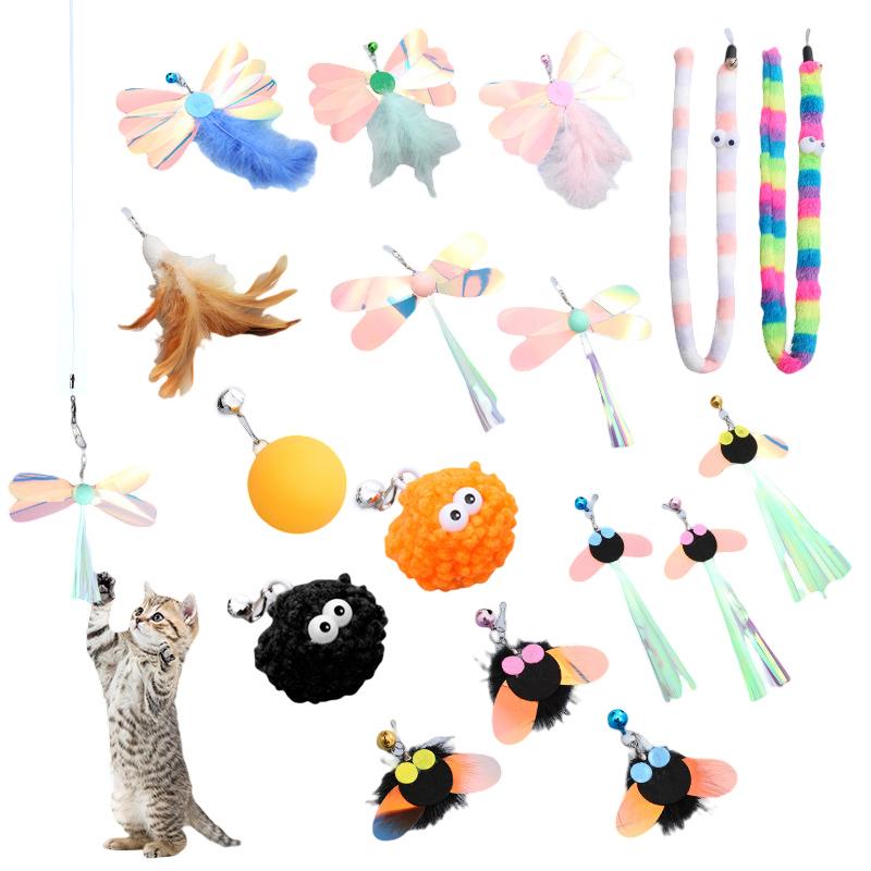 Cat Stick Feather Toys Indoor Cats Pet Toys Feather Replacement Head Cat Sequins Feather Teaser Cat Bell Balls Fuzzy Ball Toys