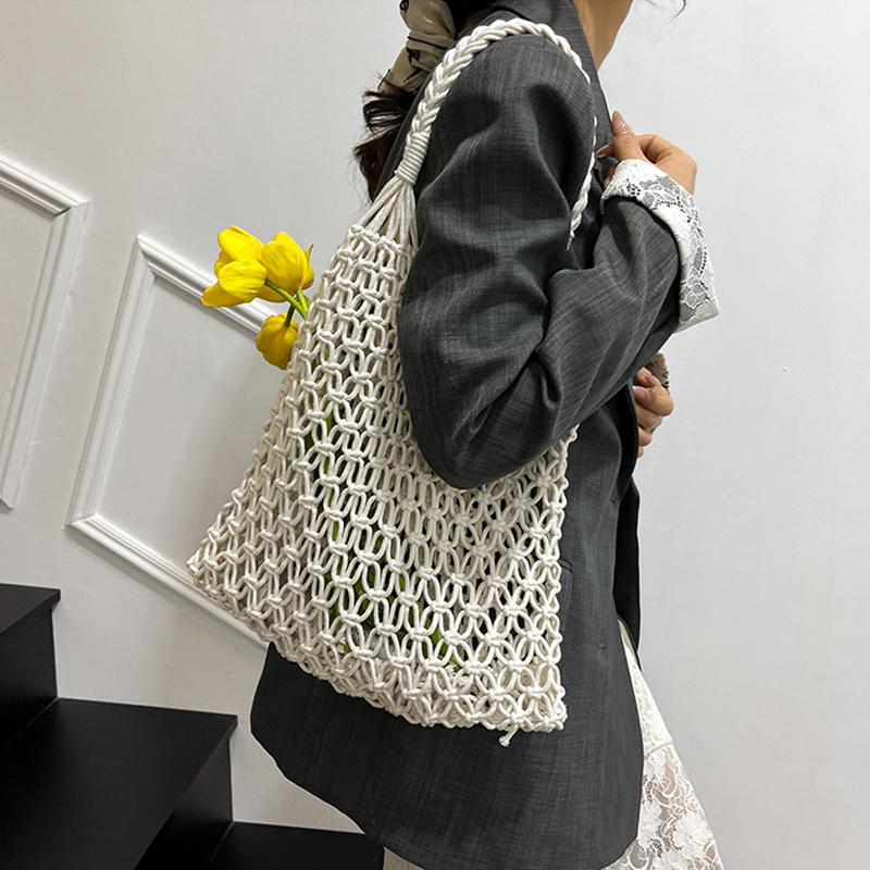 and-Woven Bag Women Handmade Hollow Handbag Female Shoulder Bag Big Capacity Summer Casual Travel Beach Tote Purse