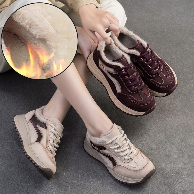 Johnature Genuine Leather Sneakers Plush Warm Cotton Shoes Retro Versatile Casual Women's Shoes