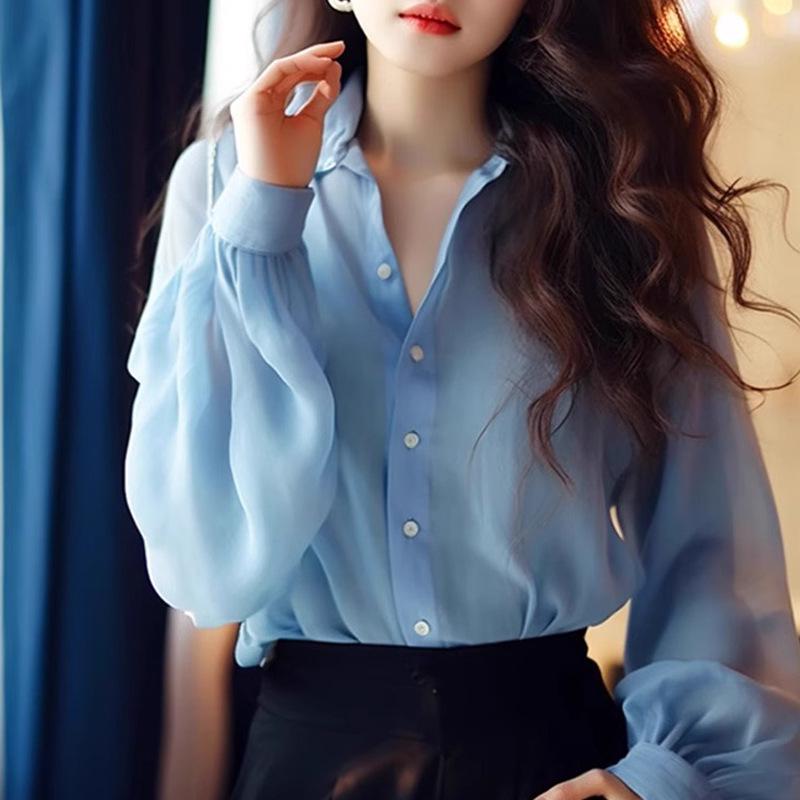 

Шикарная женская блузка с длинным рукавом из синего шифона в корейском стиле 3XL светло-синий
