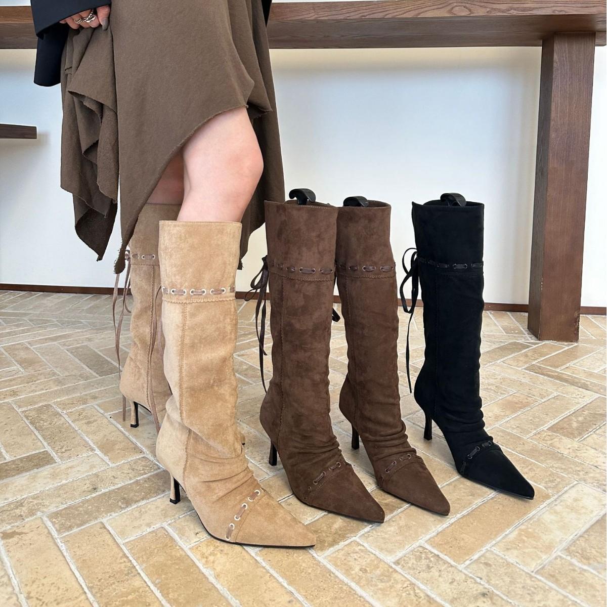 

2025 new pointed high heels wear Spice Girls western cowboy boots slim long boots pleated pile boots 40 темно-коричневого