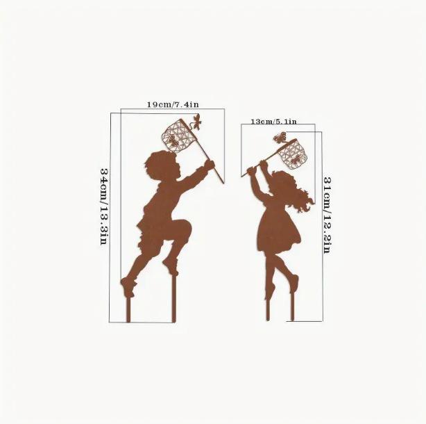 Outdoor Farmhouse Metal Silhouette Decoration - Small Boy and Girl Ornament
