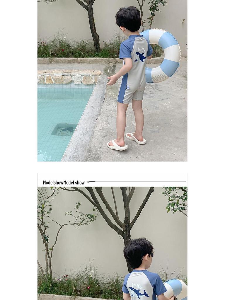 Boys' Cute Shark Short-Sleeve Sun Protection Swimsuit - Quick-Dry Beach Outfit for Summer