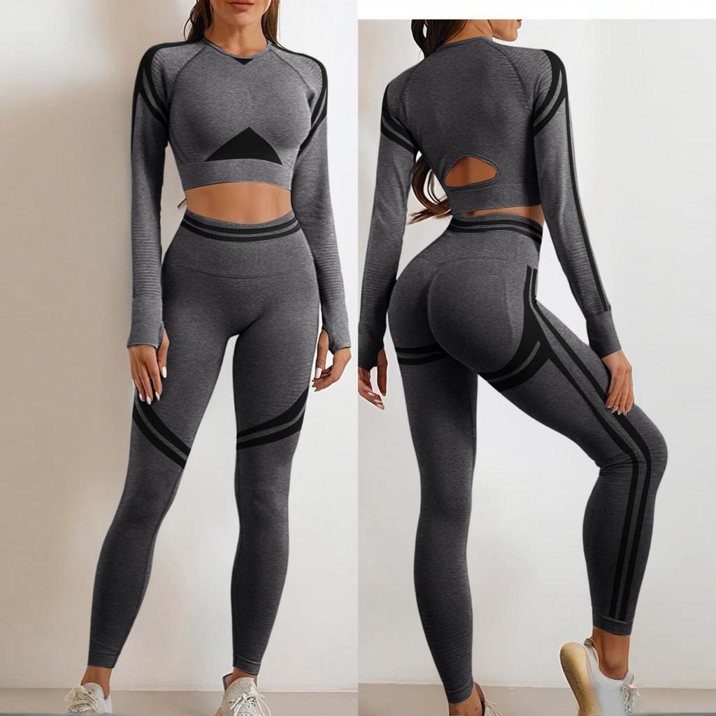 Women’s Seamless High Waist Leggings and Long Sleeve Crop Top Set Stretchy Workout Yoga Athletic Outfit