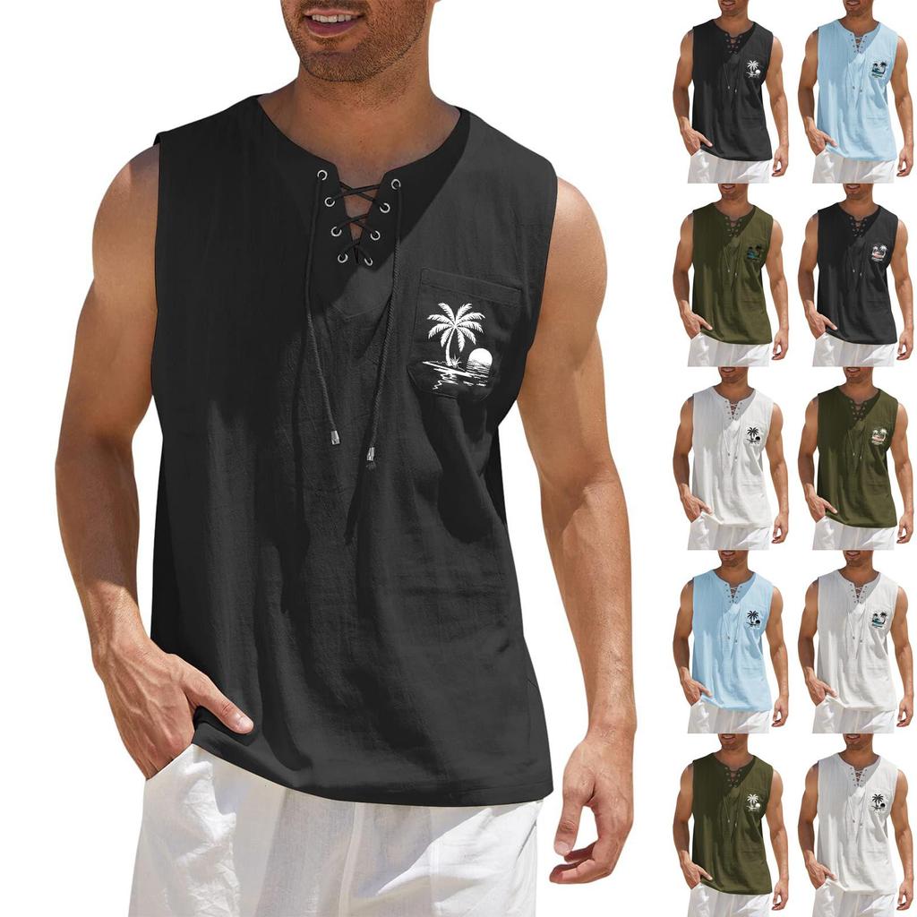 Men's Hawaiian Print Tank Top - Loose Fit Sleeveless Vest with Adjustable Tie for Casual Sports