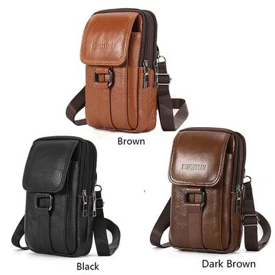 Portable Men Messenger Bags Cowhide Leather Cell Phone Belt Pack Fashion Simple Multi-pockets Casual for Outdoor Sport