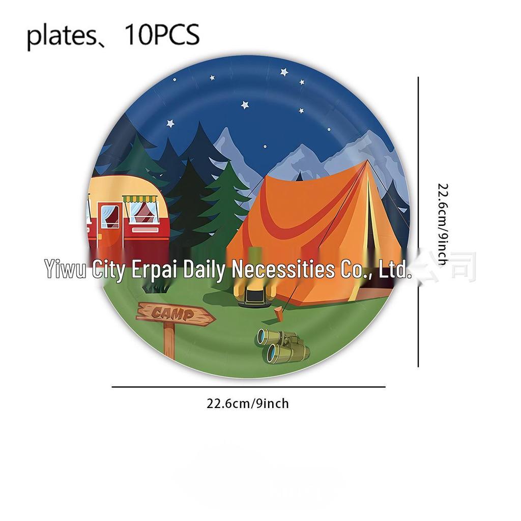 Camping-Themed Birthday Party Disposable Tableware Set: Plates, Cups, Napkins, Tablecloth, Cutlery.