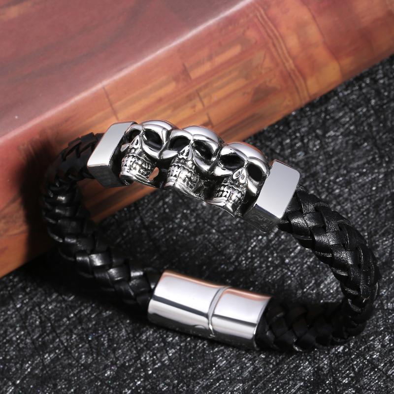 Stainless Steel Leather Bracelets & Bangles Double Black Layers Cowhide Braid Rope Gothic Skull Skeleton Men Jewelry 205mm