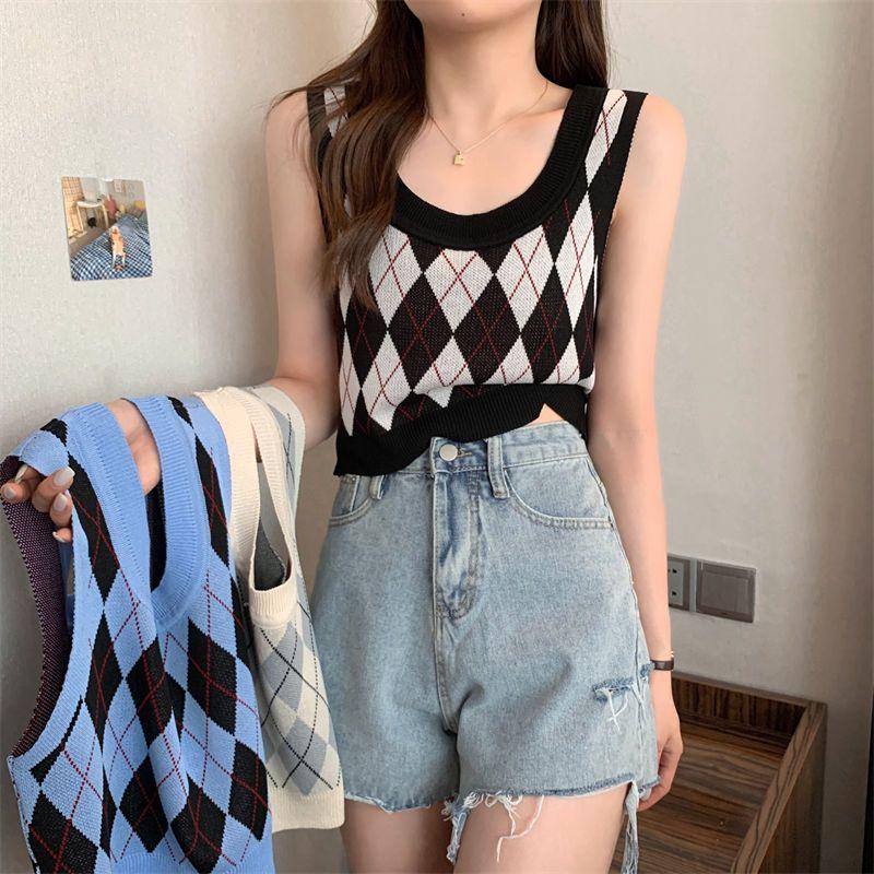 Summer Knitted Argyle Versatile Short Camisole Tank Women's Slim Outerwear Inner Top