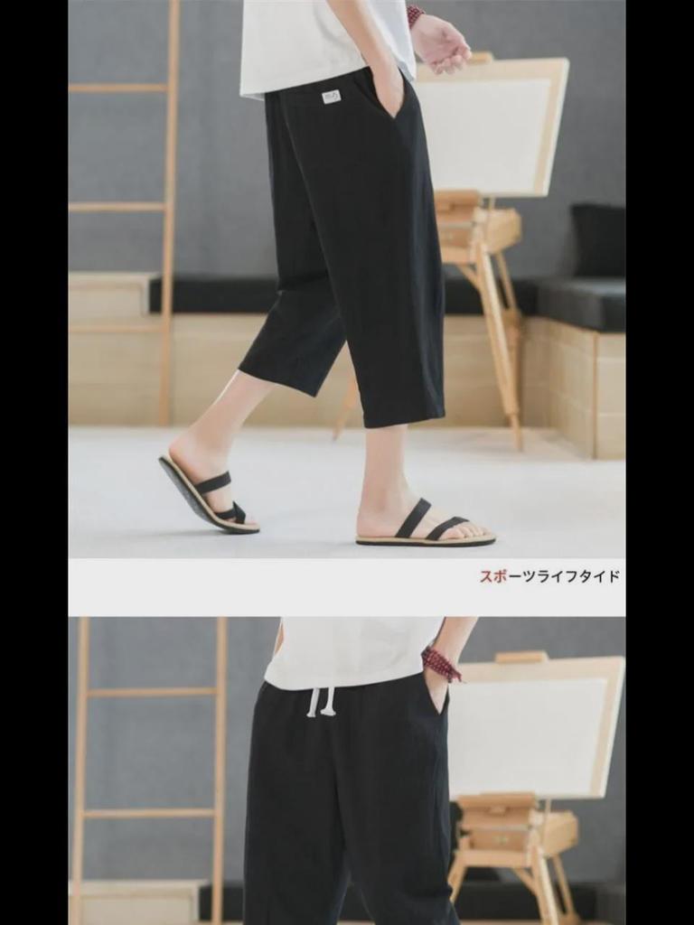 Men's Cotton and Linen Cropped Trousers - Lightweight Summer Casual Shorts for Middle-Aged and Elderly.