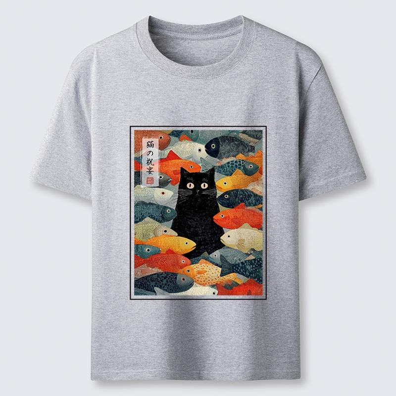 Men's The Cat's Feast of Fish Classic T-Shirt Holiday Summer Short Sleeve Round Neck Tees Casual Loose Multi Color Sports