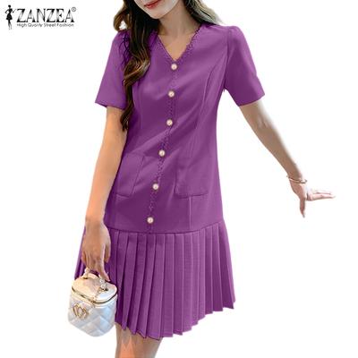 Women Summer Casual V-Neck Solid Color Short Sleeve Dress