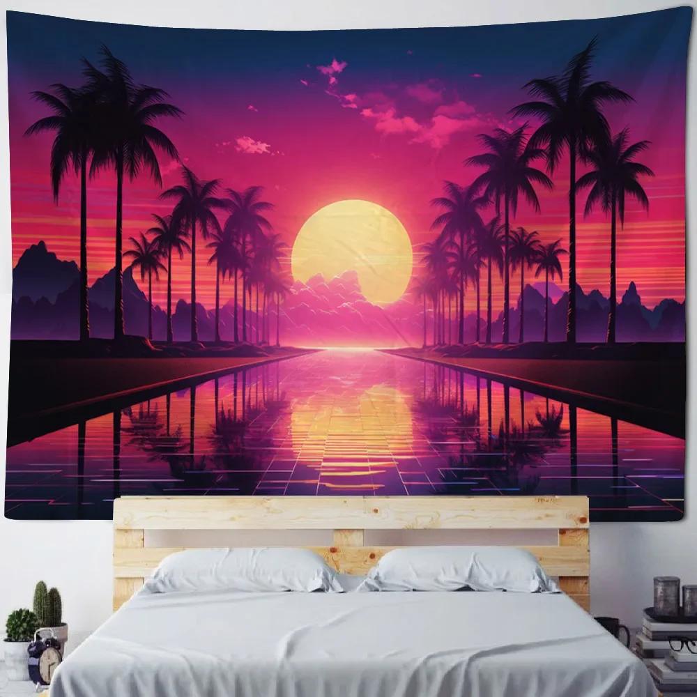 Sea view tapestry printed hanging painting coconut tree sunrise home decoration yoga mat bed sheet living room wall hanging
