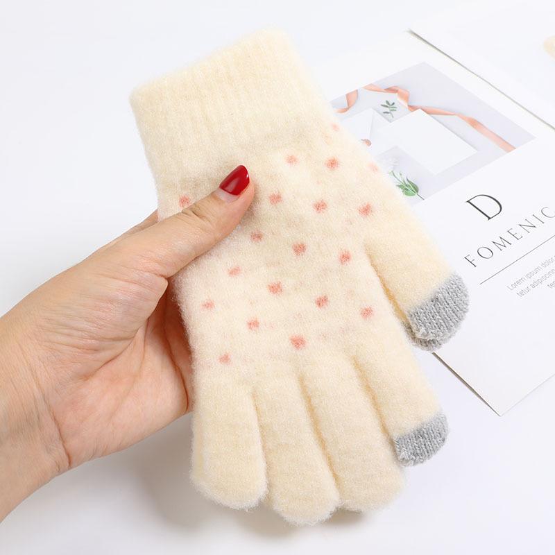Cute Wool Gloves Knitted Korean Version of Diandian Warm and Plush Cycling Gloves Japanese Autumn and Winter Five-fingered Women
