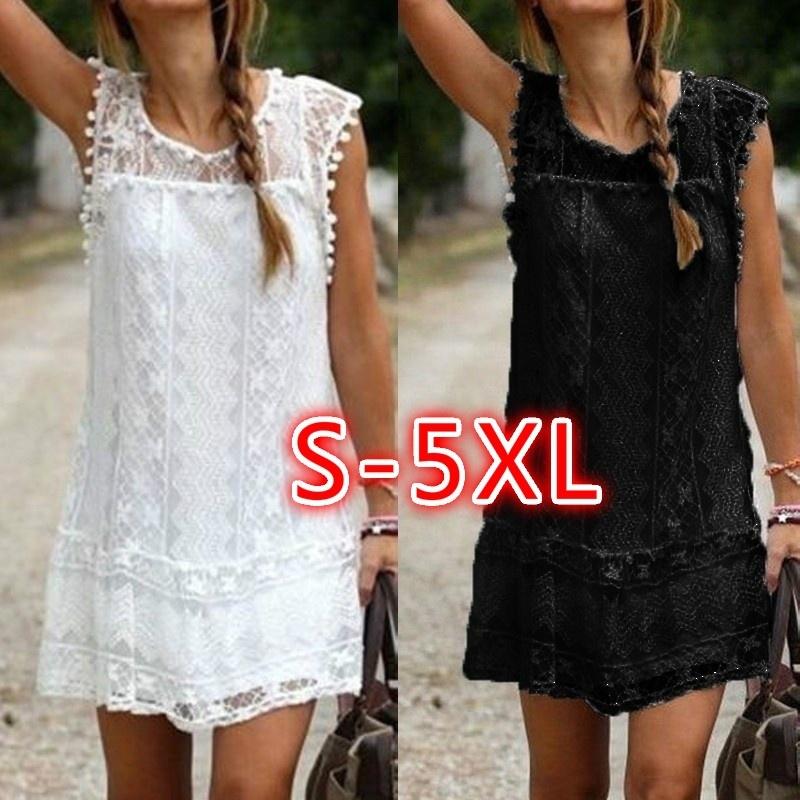 Plus Size White Casual Sleeveless Beach Mini Dress - Lace Short Dress S-4XL