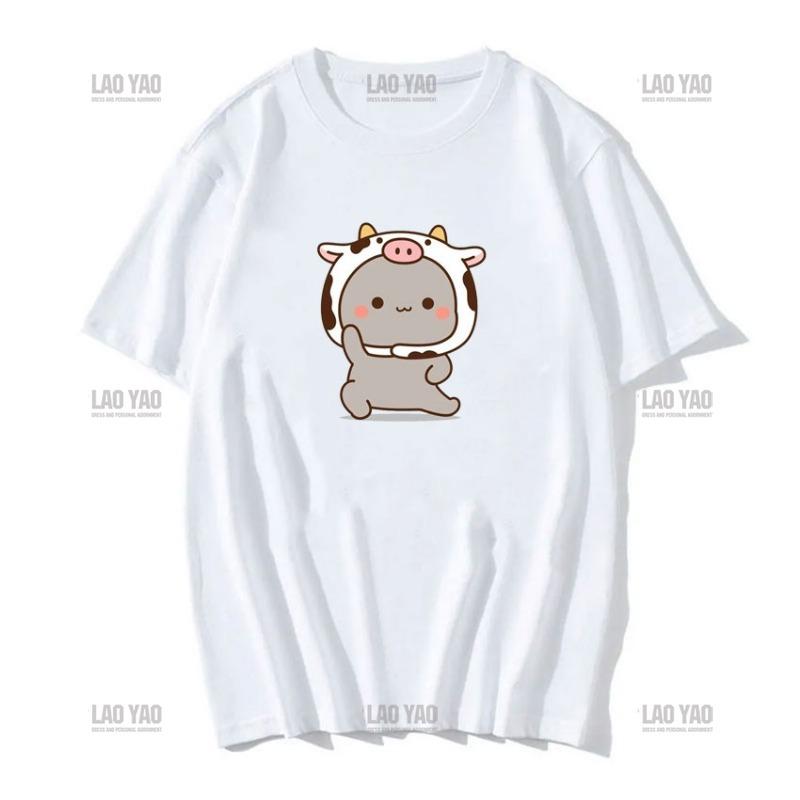 Słodka brzoskwiniowa kotka z kreskówkową parą nadrukowaną koszulką unisex szara wysłana kwiaty do brzoskwiniowej koszulki nowy styl miłośnicy ubrań casualowa koszulka