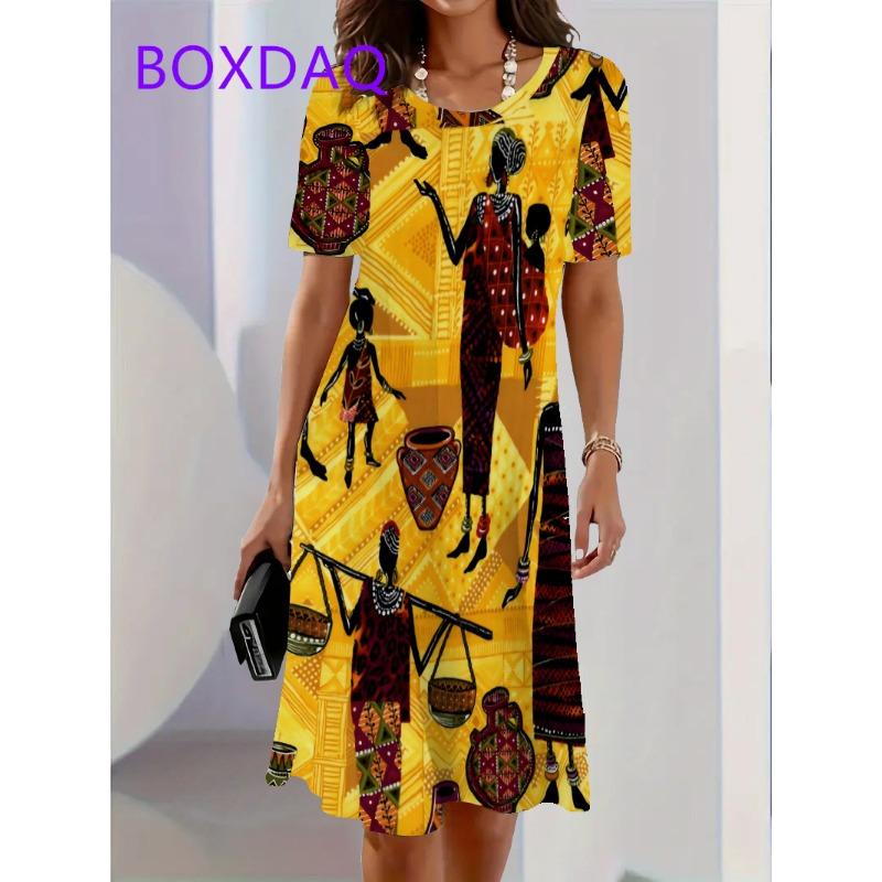 Retro Afrikanischer Stil Druck Damenkleid Neu 2025 Sommer Damenkleid Streetwear Kleidung Kurzarm O-Ausschnitt Locker Lässig Minikleid XL