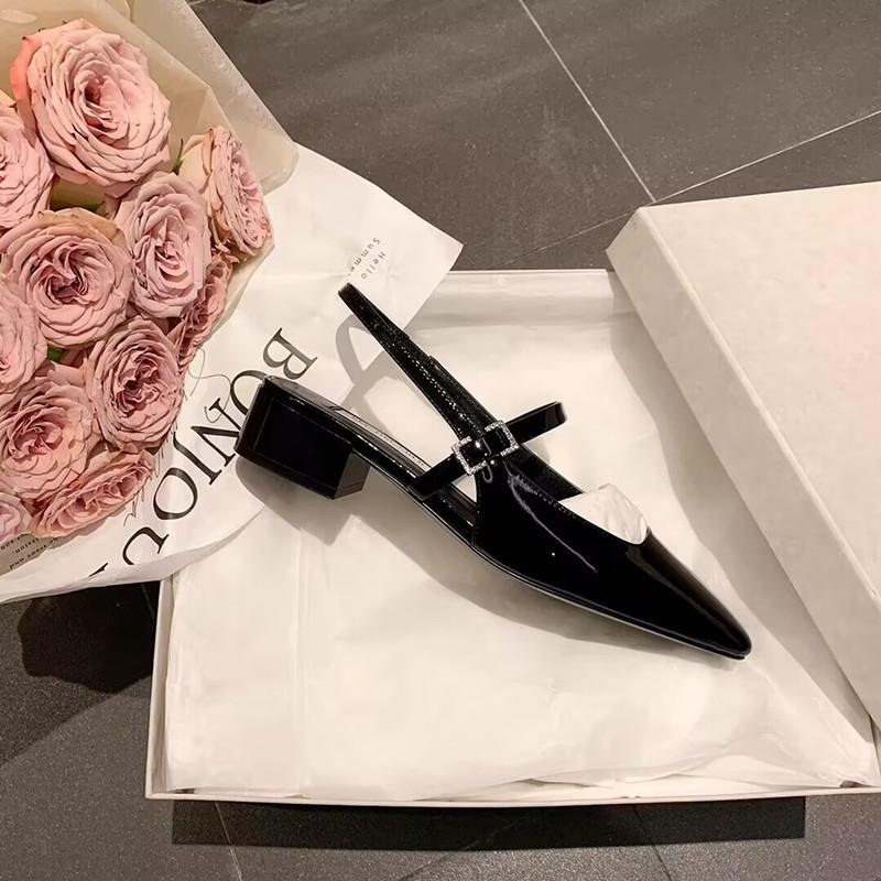Mid Heels Office Lady Mary Jane Shoes Retro Patent Leather Square Head SlingbacksWomen with Thick Heels and Empty Sandals