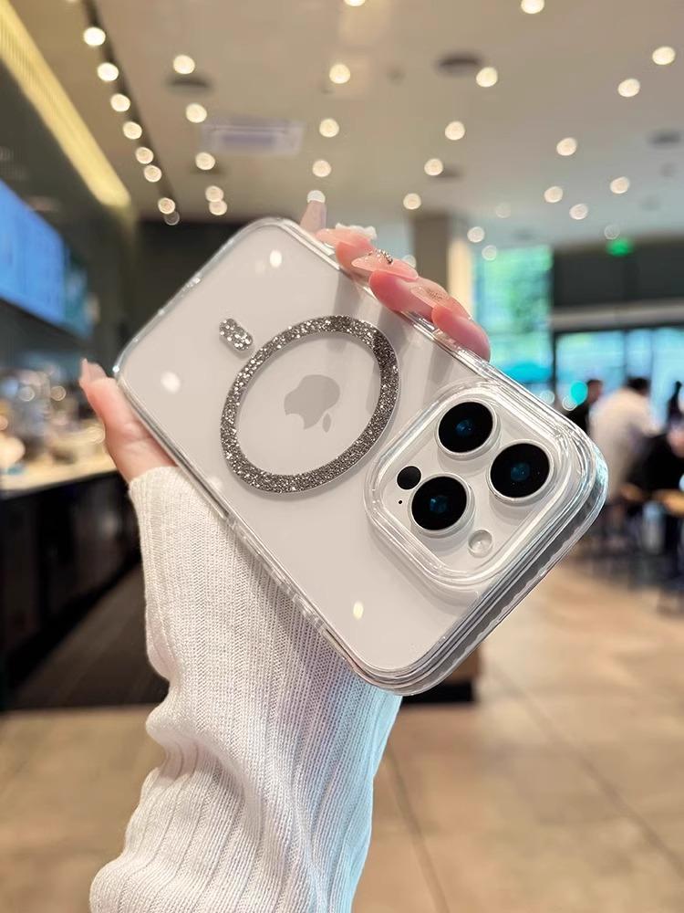 Luxusní třpytivý Magsafe bezdrátově nabíjecí kryt na telefon pro iPhone 12 13 14 15 16 Pro Max Plus Průhledný silikonový magnetický nárazník