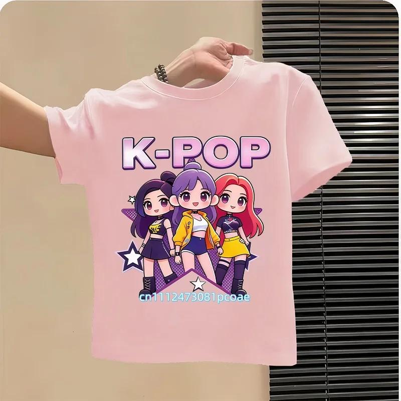 Summer Kpop Popular Cartoon Print Childrens Design Casual Harajuku Style Round Neck Short Sleeved Top Fans Gifts Kids Clothes