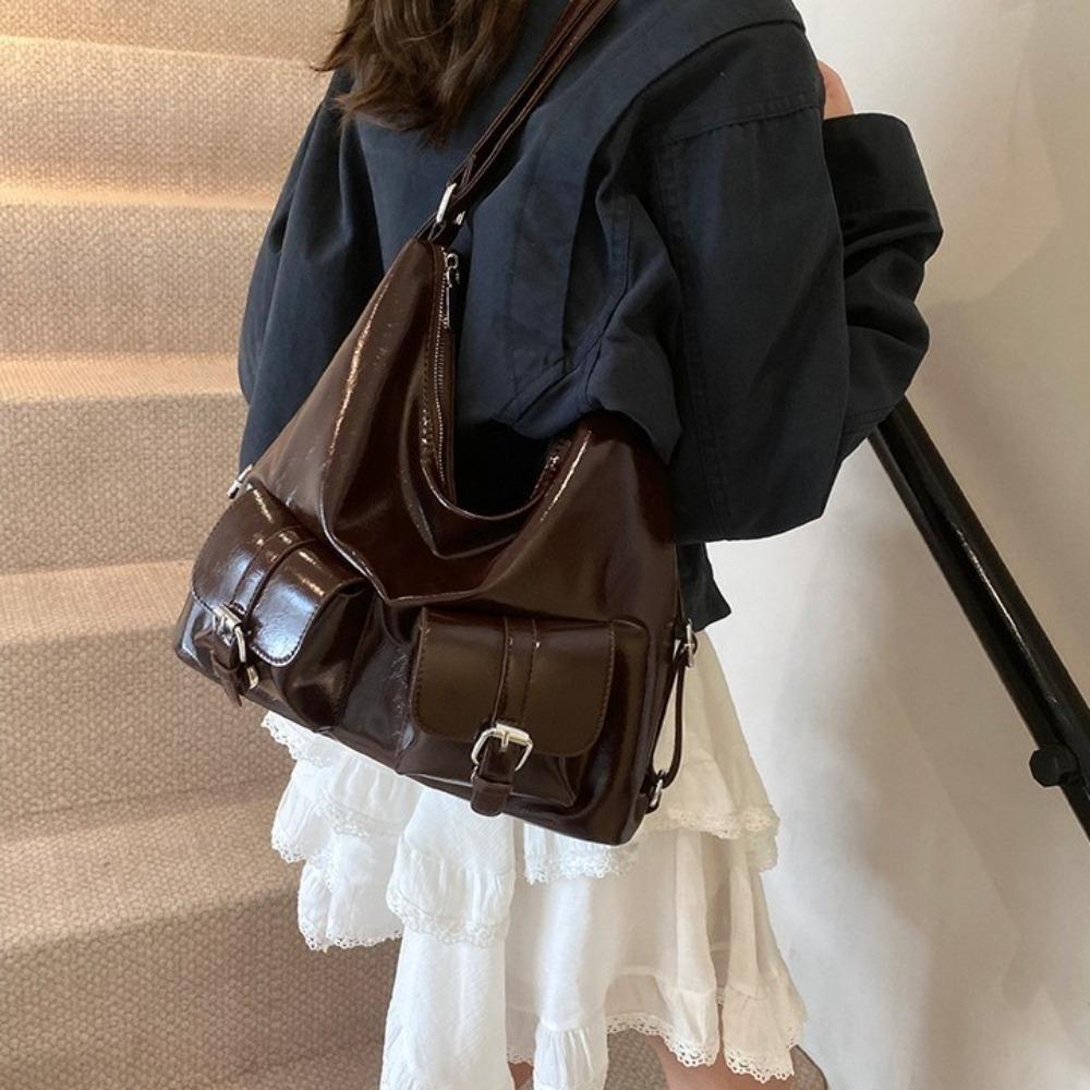 Solid Color Multiple Pockets Backpacks Y2K Style Women's Backpack PU Leather Crosbody Bag Outdoor