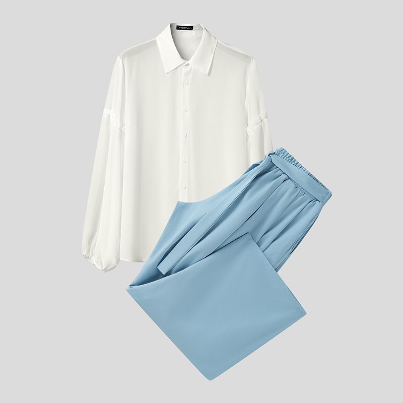 

INCERUN 2 шт. Мужская рубашка с лацканами, полупрозрачная, с длинным рукавом, брюки с широкими штанинами, комплекты, наряды S синий