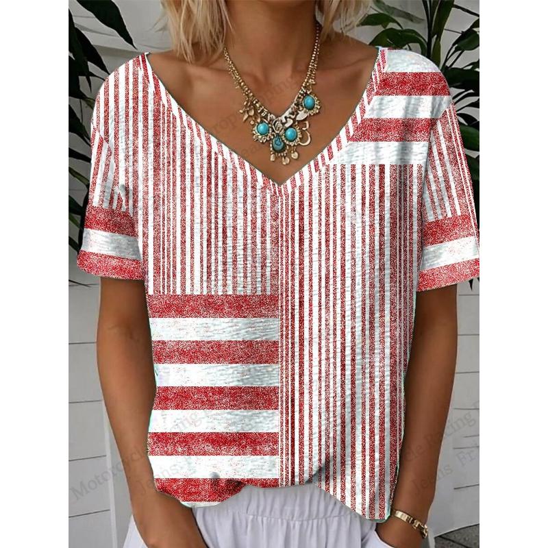 2026 New Women's Graphic Striped 3d Print T-shirt Women Fashion Casual V-Neck Short Sleeve Tops Tees Womens Clothes Large Size