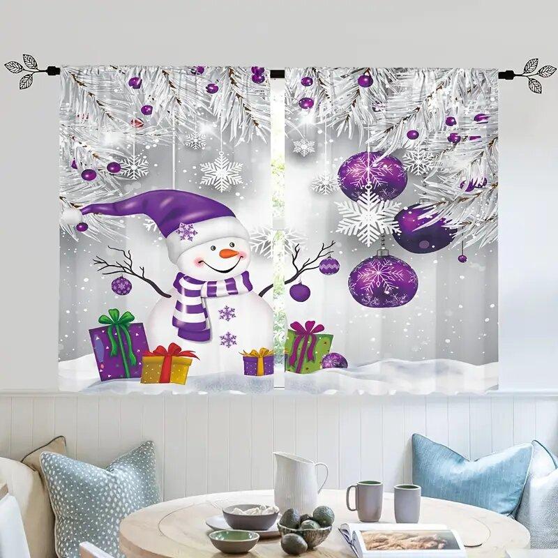 2 Pieces - Christmas Curtains: Christmas Snowman with Purple Decorative Printed Curtains, Home Decoration, Room Decoration