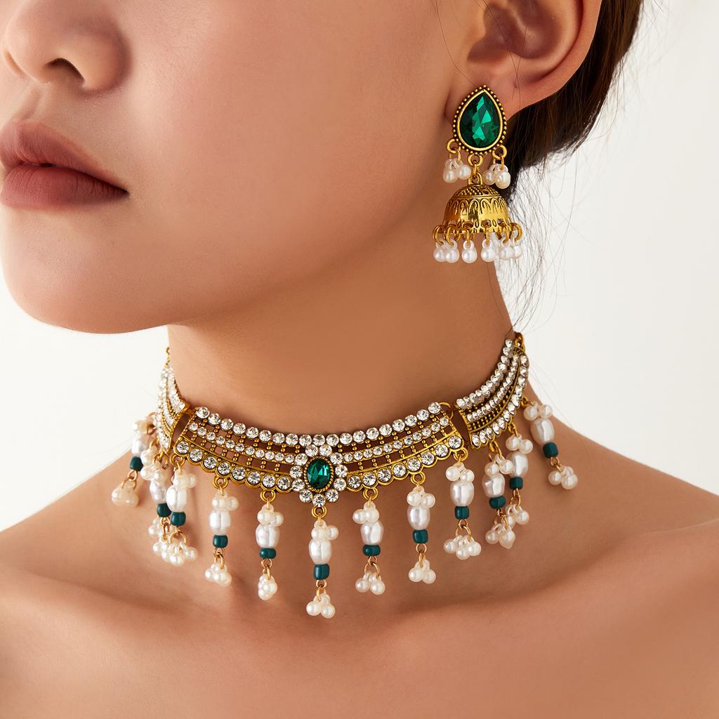 Böhmisches Retro-Halsketten- und Ohrring-Set, Leichter Geometrischer Schmuck für Damen