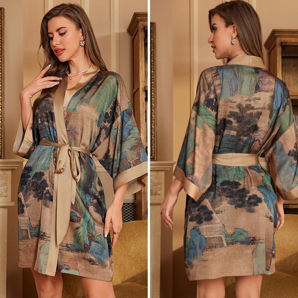 Pajamas Women's Satin Chiffon Spring and Summer Yaoting Light Luxury Seven-quarter Sleeve Cool Nightgown Bathrobe Women's Loungewear