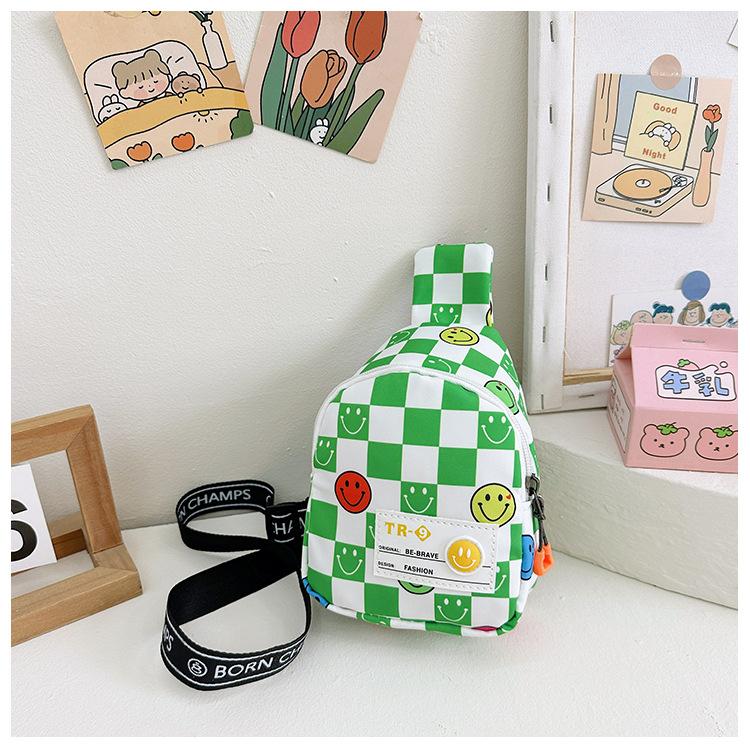 

Chessboard Face Smiling Children Diagonal Shoulder Bag Casual Storagebag Outdoor зелений