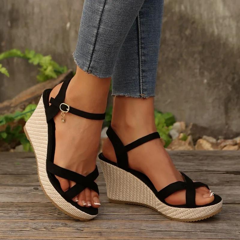 2025 Ladies Shoes Buckle Strap Women's Sandals Summer New Casual Plus Size Open Toe Best Seller Wedge Sandals Zapatos