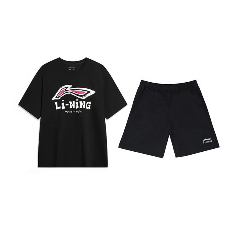 Li Ning Logo Letter Print Fashion Cool Breathable Versatile Round Neck Pullover Short Sleeve T-Shirt Casual Sports Set Unisex Tops AHSU711-1+YKSV147-2