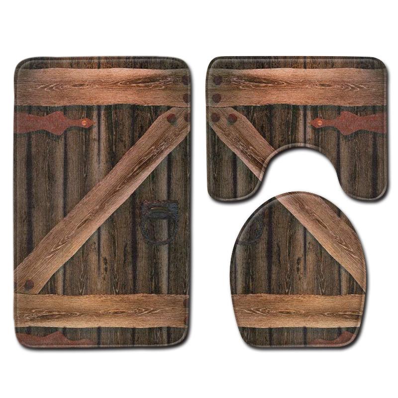 Wood Grain Board Texture Toilet Carpet Set Bathroom Non-Slip Floor Mat Doormat