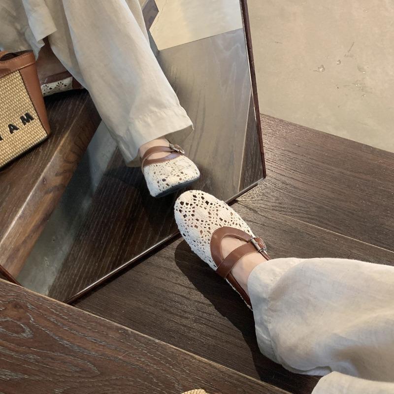 Sheepskin~ Breathable Hollow Crochet Splicing Shallow Mouth Flat Shoes with Mary Jane Shoes Women's Single Shoes