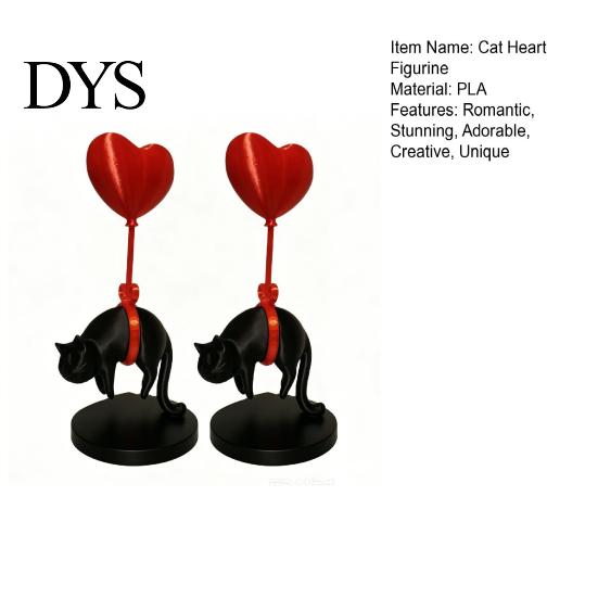 Solid Texture Cat Statue Floating Heart Balloon Figurine 3D Printed Cute Black Desk Accessory Romantic Desktop Ornament for Living Room Bedroom