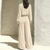 Women's Casual Velour Two Piece Outfit with Pleated Top and Wide Leg Pants